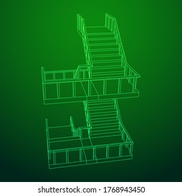 Escaleras con armazón, escaleras interiores con barandilla. Ilustración vectorial de malla baja de malla de malla de alambre.