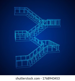 Wireframe stairs, interior staircases steps with railing. Wireframe low poly mesh vector illustration.