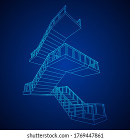 Escaleras con armazón, escaleras interiores con barandilla. Ilustración vectorial de malla baja de malla de malla de alambre.