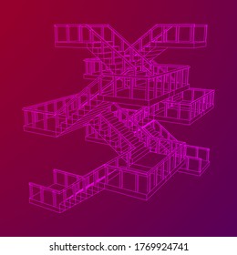Escaleras con armazón, escaleras interiores con barandilla. Ilustración vectorial de malla baja de malla de malla de alambre.