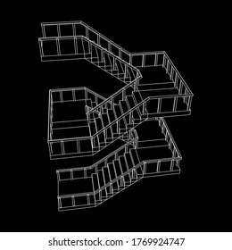 Wireframe stairs, interior staircases steps with railing. Wireframe low poly mesh vector illustration.