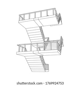 Escaleras con armazón, escaleras interiores con barandilla. Ilustración vectorial de malla baja de malla de malla de alambre.