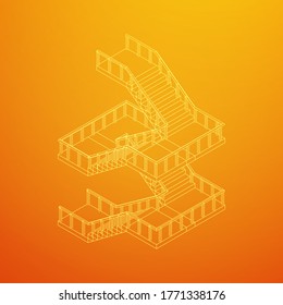 Wireframe stairs, interior staircases steps with railing. Wireframe low poly mesh vector illustration.