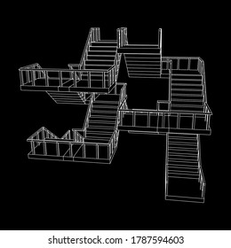 Wireframe stairs, interior staircases steps with railing. Wireframe low poly mesh vector illustration.