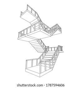 Wireframe stairs, interior staircases steps with railing. Wireframe low poly mesh vector illustration.