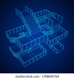 Wireframe stairs, interior staircases steps with railing. Wireframe low poly mesh vector illustration.