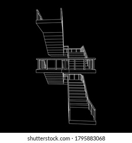 Wireframe stairs, interior staircases steps with railing. Wireframe low poly mesh vector illustration.