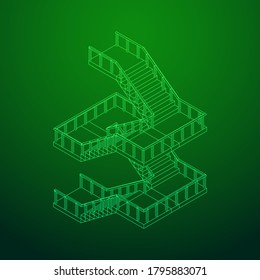 Wireframe stairs, interior staircases steps with railing. Wireframe low poly mesh vector illustration.