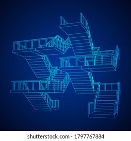Wireframe stairs, interior staircases steps with railing. Wireframe low poly mesh vector illustration.