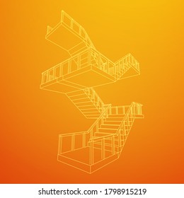 Treppen mit Wireframe, Innentreppe Treppen mit Geländer. Wireframe Low-Poly-Mesh, Vektorgrafik.