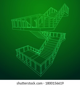 Wireframe stairs, interior staircases steps with railing. Wireframe low poly mesh vector illustration.