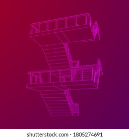 Wireframe stairs, interior staircases steps with railing. Wireframe low poly mesh vector illustration.
