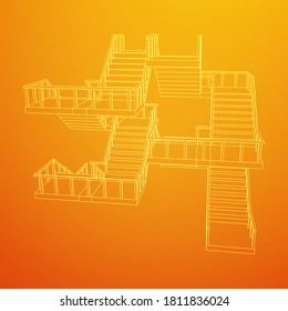 Escaleras con armazón, escaleras interiores con barandilla. Ilustración vectorial de malla baja de malla de malla de alambre.