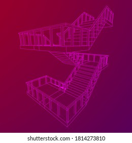 Wireframe stairs, interior staircases steps with railing. Wireframe low poly mesh vector illustration.