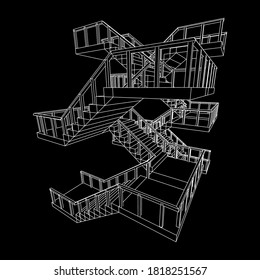 Wireframe stairs, interior staircases steps with railing. Wireframe low poly mesh vector illustration.