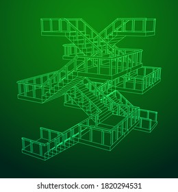 Escaleras con armazón, escaleras interiores con barandilla. Ilustración vectorial de malla baja de malla de malla de alambre.
