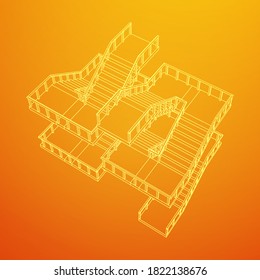 Treppen mit Wireframe, Innentreppe Treppen mit Geländer. Wireframe Low-Poly-Mesh, Vektorgrafik.