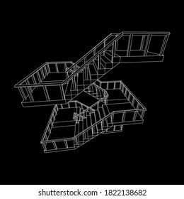 Escaleras con armazón, escaleras interiores con barandilla. Ilustración vectorial de malla baja de malla de malla de alambre.