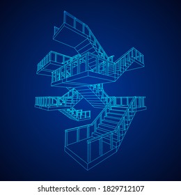 Wireframe stairs, interior staircases steps with railing. Wireframe low poly mesh vector illustration.