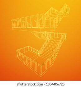 Wireframe stairs, interior staircases steps with railing. Wireframe low poly mesh vector illustration.