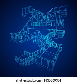Wireframe stairs, interior staircases steps with railing. Wireframe low poly mesh vector illustration.