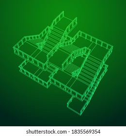 Wireframe stairs, interior staircases steps with railing. Wireframe low poly mesh vector illustration.