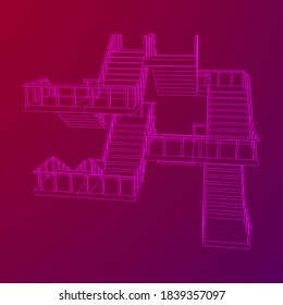 Wireframe stairs, interior staircases steps with railing. Wireframe low poly mesh vector illustration.