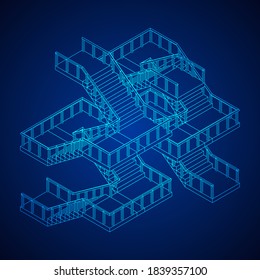 Escaleras con armazón, escaleras interiores con barandilla. Ilustración vectorial de malla baja de malla de malla de alambre.