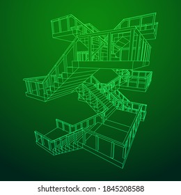 Escaleras con armazón, escaleras interiores con barandilla. Ilustración vectorial de malla baja de malla de malla de alambre.