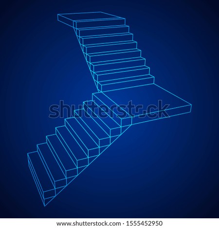Wireframe stairs, interior staircases steps. Wireframe low poly mesh vector illustration.