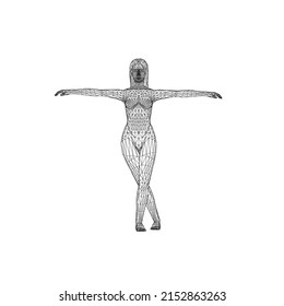 Wireframe of standing girl with crossed legs and raised hands from black lines isolated on white background. Front view. 3D. Vector illustration.