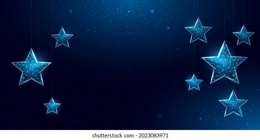 Estrellas de armazón, bajo estilo de poli. Cartel para el concepto de Navidad o Año Nuevo con un lugar para una inscripción. Resumen de la ilustración vectorial 3d moderna sobre fondo azul.