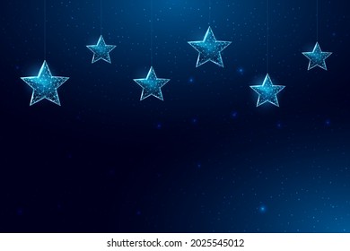 Wireframe stars, low poly style. Banner for the concept of Christmas or New Year with a place for an inscription. Abstract modern 3d vector illustration on blue background.