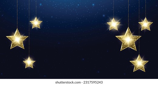 Wireframe stars, low poly style. Banner for the concept of Christmas or New Year with a place for an inscription. Abstract modern 3d vector illustration on blue background.