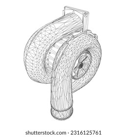 Wireframe Steam turbine rotor operation. Vector illustration. Automotive turbine wireframe. 3D..