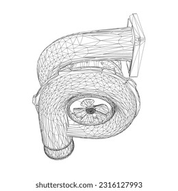 Wireframe Steam turbine rotor operation. Vector illustration. Automotive turbine wireframe. 3D..