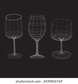 Gafas de vino de estilo Wireframe set.Ilustración vectorial sobre fondo negro.