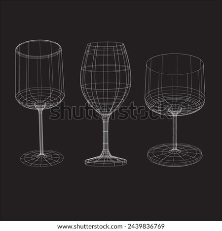 Wireframe style wine glasses set.Vector illustration on black background.