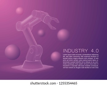 Wireframe stylized automated robot arm. Smart automated robotic arms. Modern logistics center in ultra violet colors. Vector 3d illustration ultraviolet background.