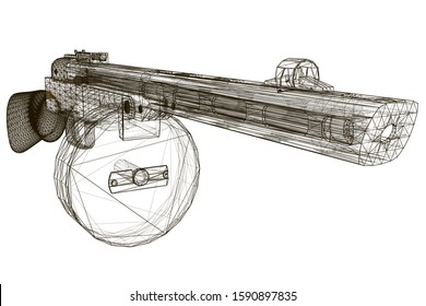 Wireframe submachine gun Shpagin. Soviet old machine gun. View perspective. 3D. Vector illustration