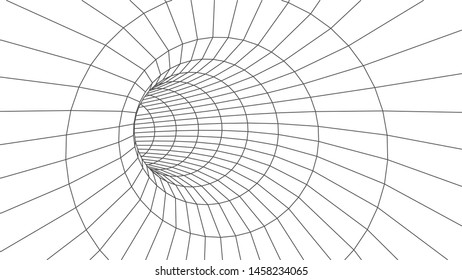 Wireframe surface tunnel. 3d grid on white background. Vector wormhole