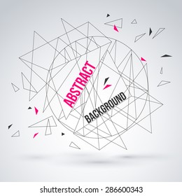 Wireframe Surface Vector Background with Flying Triangles. Outline and Colorful Shapes.