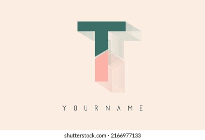 Wireframe T Letter Logo Design in two colors. Creative vector illustration with wired, mirrored outline frame. Pastel colors logo.