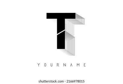 Wireframe T Letter Logo Design in two colors. Creative vector illustration with wired, mirrored outline frame. Pastel colors logo.
