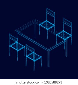 Wireframe of the table with chairs from the blue lines. Isometric. Vector illustration.