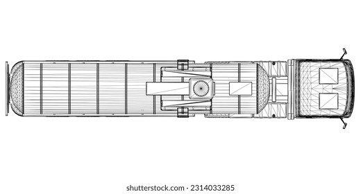 Wireframe of a tank truck for transportation of gasoline from black lines isolated on a white background. Truck with a tank for the transport of goods. View from above. 3D. Vector illustration.