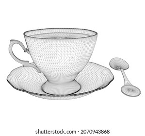 Wireframe of a tea cup with a spoon from black lines isolated on white background. 3D. Vector illustration