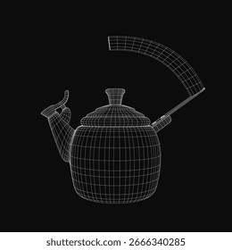 A wireframe teapot model floats on a black background, showcasing intricate 3D mesh details. The realistic kettle design highlights geometric precision and digital artistry.