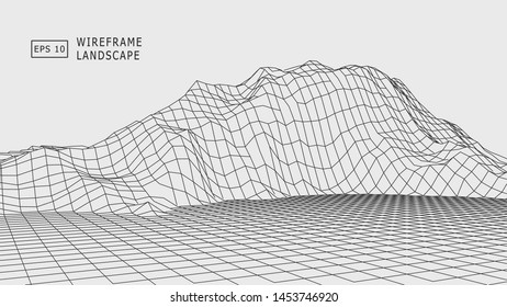 Wireframe terrain polygon landscape design. Futuristic 3D cartography. EPS 10
