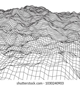 Wireframe terrain vector background. Cyberspace landscape grid technology illustration